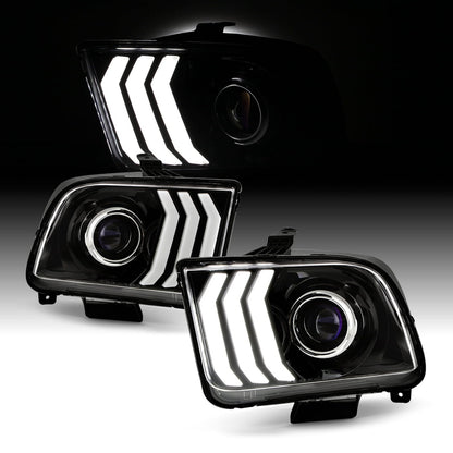 AKKON - Fits 2005-2009 Ford Mustang LED Tube DRL Parking Halogen Type Projector Black Headlights Pair Driver+Passenger