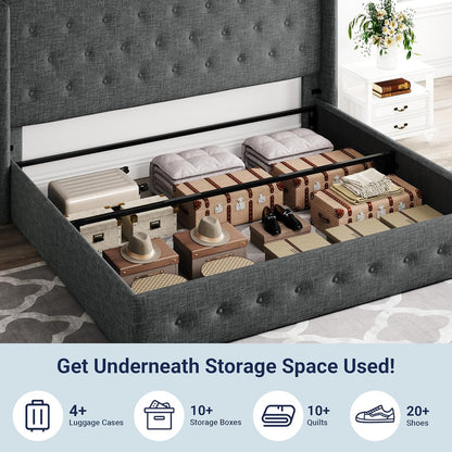 Allewie Queen Size Lift Up Storage Bed, Modern Wingback Headboard, Hydraulic Support, No Box Spring Needed, Light Beige