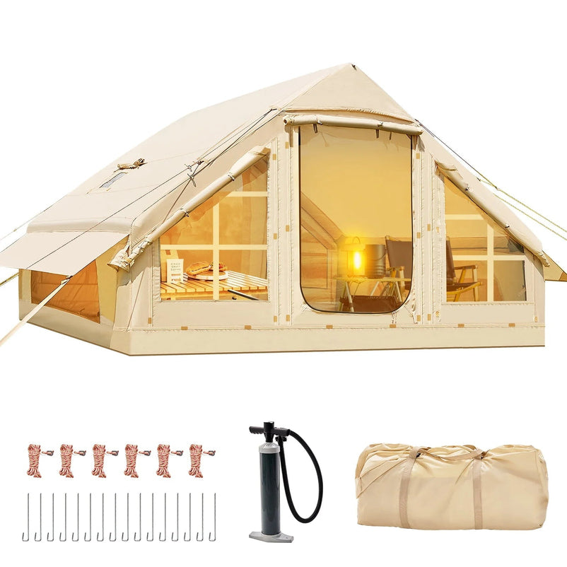 6 Person Inflatable Camping Tent with Pump, 10ft x7ft Glamping Family Tent Easy Setup 4 Season Waterproof Windproof Outdoor Blow Up Tent Luxury Oxford Cabin with Mesh Windows & Doors