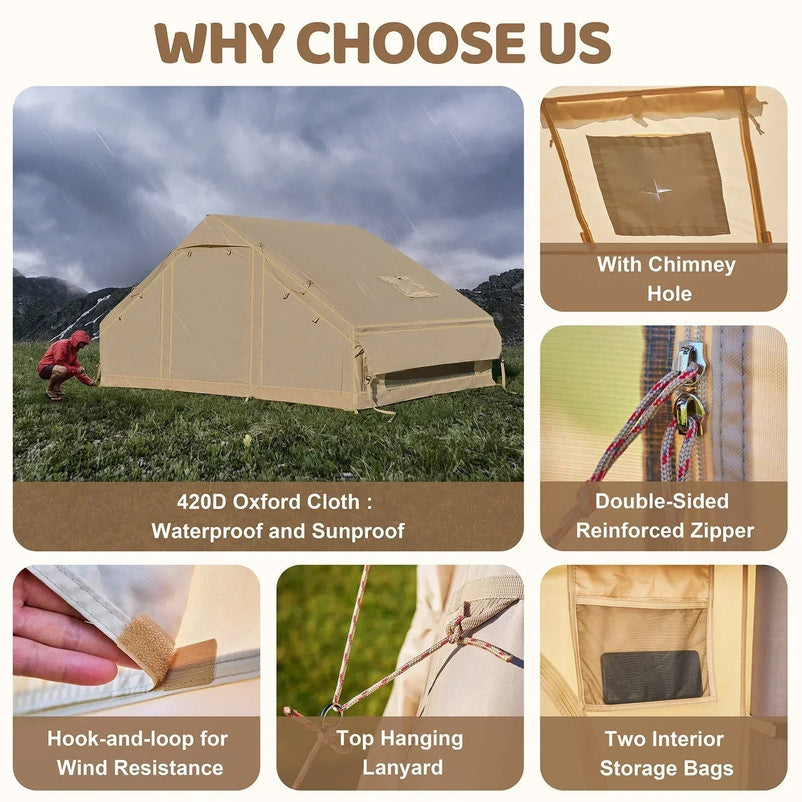 6 Person Inflatable Camping Tent with Pump, 10ft x7ft Glamping Family Tent Easy Setup 4 Season Waterproof Windproof Outdoor Blow Up Tent Luxury Oxford Cabin with Mesh Windows & Doors sgtnighsdesigns