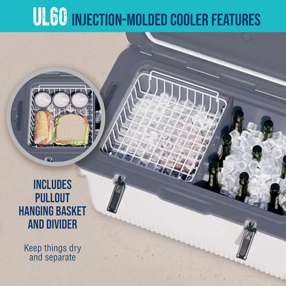 60 QT Ultra-Light Injection Molded Cooler - Ice Chest Keeps Ice up to 7 Days - Large Cooler Includes Wire Basket, Divider and Built-in Bottle Opener