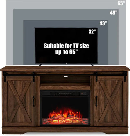 AMERLIFE Fireplace TV Stand with Sliding Barn Door for TVs up to 73", Farmhouse 63" Fireplace Entertainment Center with Storage Cabinets/Adjustable Shelves