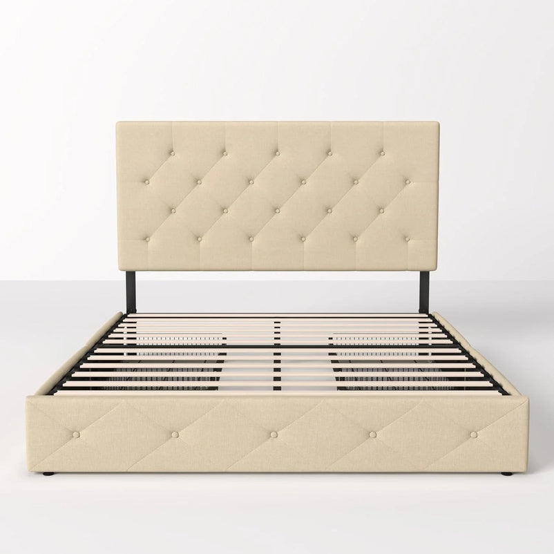 Allewie Upholstered Queen Size Platform Bed Frame with 4 Storage Drawers and Headboard, Square Stitched Button Tufted, Mattress Foundation with Wooden Slats Support, No Box Spring Needed, Light Grey