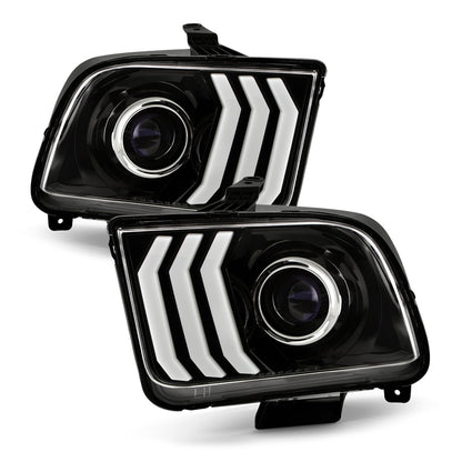 AKKON - Fits 2005-2009 Ford Mustang LED Tube DRL Parking Halogen Type Projector Black Headlights Pair Driver+Passenger