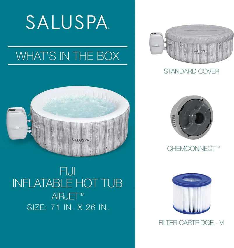 Bestway SaluSpa Fiji AirJet Large Round 2 to 4 Person Inflatable Hot Tub Portable Outdoor Spa with 120 AirJets and EnergySense Cover, Grey