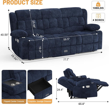 3 Seat Reclining Sofa with Storage Drawer USB Ports & Cup Holders Manual Couch