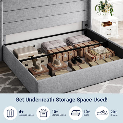 Allewie Queen Size Lift Up Storage Bed, Modern Wingback Headboard, Hydraulic Support, No Box Spring Needed, Light Beige