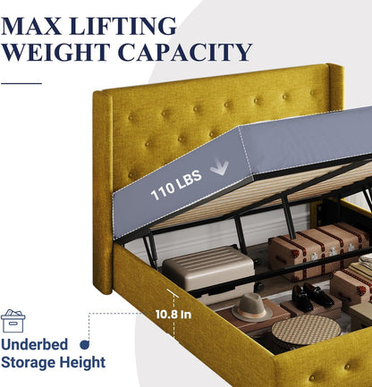 Allewie Queen Size Lift Up Storage Bed, Modern Wingback Headboard, Hydraulic Support, No Box Spring Needed, Light Beige