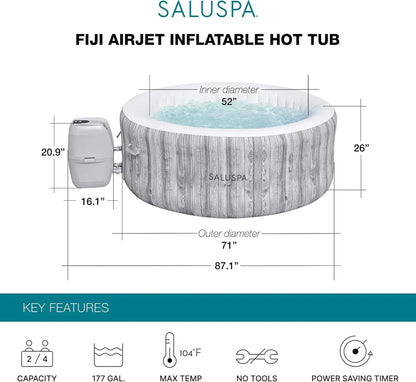Bestway SaluSpa Fiji AirJet Large Round 2 to 4 Person Inflatable Hot Tub Portable Outdoor Spa with 120 AirJets and EnergySense Cover, Grey