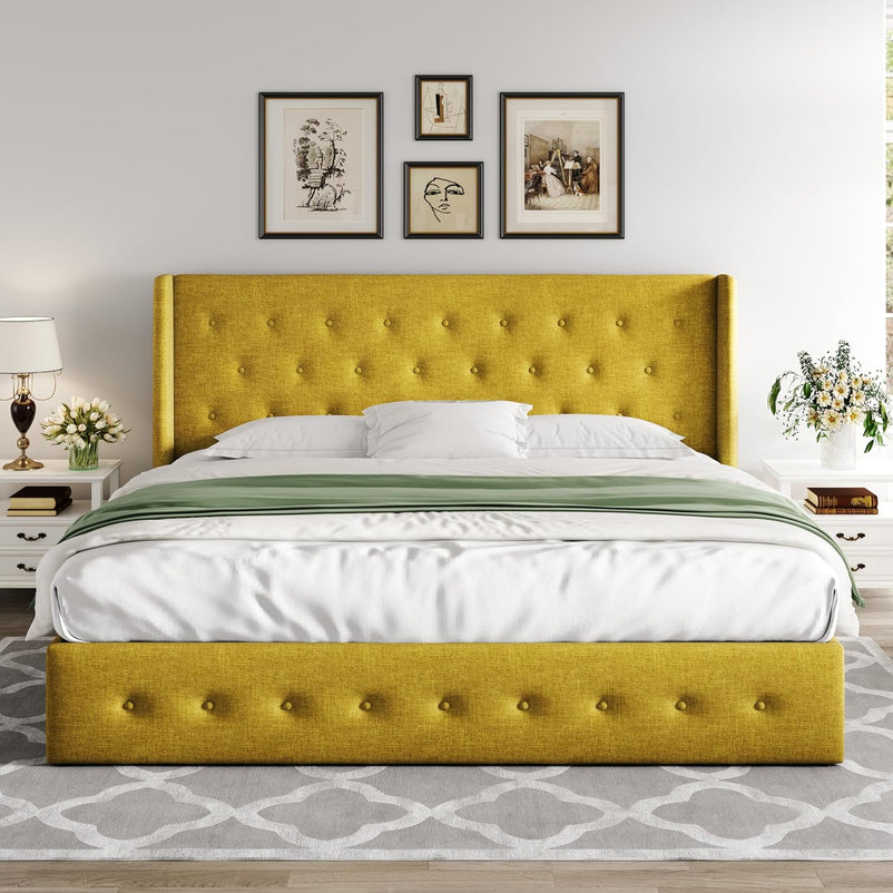 Allewie Queen Size Lift Up Storage Bed, Modern Wingback Headboard, Hydraulic Support, No Box Spring Needed, Light Beige