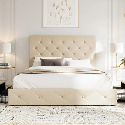Allewie Upholstered Queen Size Platform Bed Frame with 4 Storage Drawers and Headboard, Square Stitched Button Tufted, Mattress Foundation with Wooden Slats Support, No Box Spring Needed, Light Grey