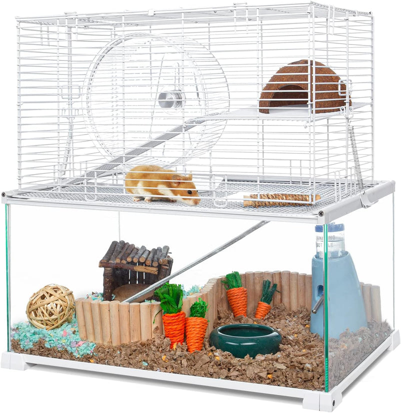 3 Tiers Large Hamster Cages, Glass Hamster Cage Habitat with Openable Wire Topper, Gerbil Cage with Two Ladders Ramps and Removeable Waterproof PVC Tray, Easy to Clean