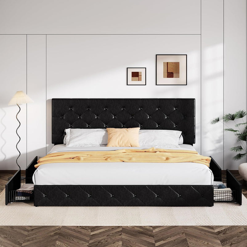 Allewie Upholstered Queen Size Platform Bed Frame with 4 Storage Drawers and Headboard, Square Stitched Button Tufted, Mattress Foundation with Wooden Slats Support, No Box Spring Needed, Light Grey