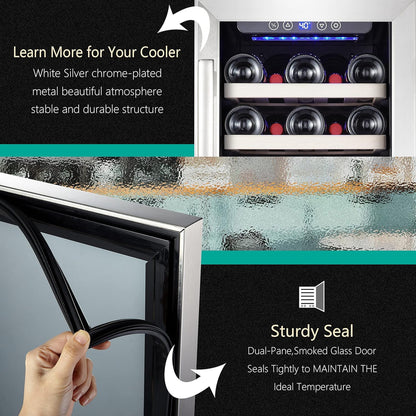 24 inch Wine Cooler, 46 Bottle - Dual Zone Built-in or Freestanding Fridge with Stainless Steel Reversible Glass Door, for Home, Kitchen, or Office.