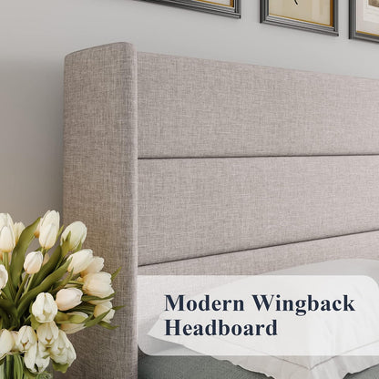 Allewie Queen Size Lift Up Storage Bed, Modern Wingback Headboard, Hydraulic Support, No Box Spring Needed, Light Beige