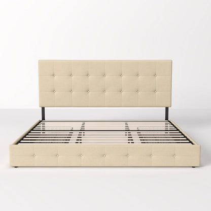 Allewie Upholstered Queen Size Platform Bed Frame with 4 Storage Drawers and Headboard, Square Stitched Button Tufted, Mattress Foundation with Wooden Slats Support, No Box Spring Needed, Light Grey
