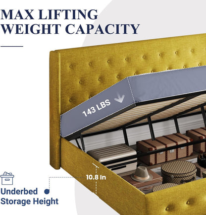 Allewie Queen Size Lift Up Storage Bed, Modern Wingback Headboard, Hydraulic Support, No Box Spring Needed, Light Beige