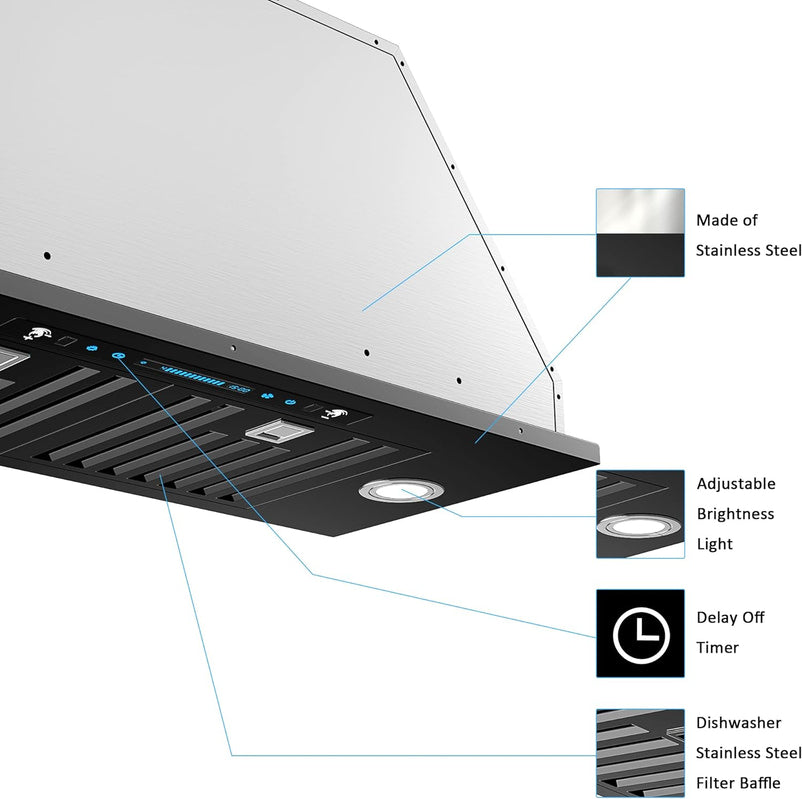30 inch Built-in/Insert Range Hood 900 CFM, Ducted/Ductless Convertible Duct, Stainless Steel Kitchen Vent Hood with 4 Speed Gesture Sensing&Touch Control Panel(IKB01-30)