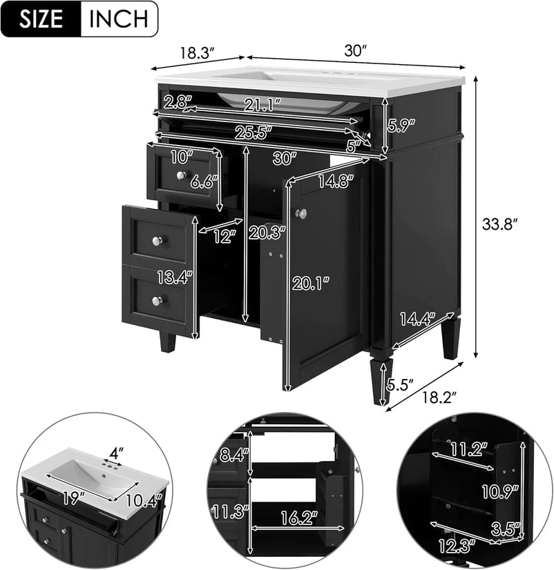 36" Bathroom Vanity with Single Sink Combo, Modern Undermount Bathroom Sink Cabinet with 2 Drawers and a Tip-Out Drawer, Freestanding Bathroom Vanities, Soft Closing, Solid Wood Frame
