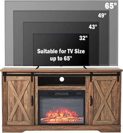AMERLIFE Fireplace TV Stand with Sliding Barn Door for TVs up to 73", Farmhouse 63" Fireplace Entertainment Center with Storage Cabinets/Adjustable Shelves