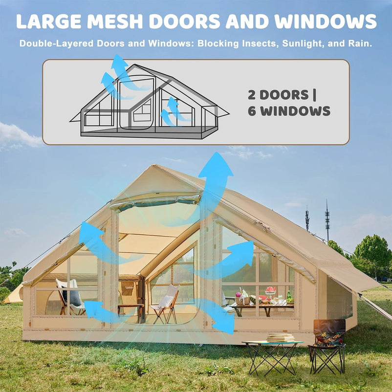 6 Person Inflatable Camping Tent with Pump, 10ft x7ft Glamping Family Tent Easy Setup 4 Season Waterproof Windproof Outdoor Blow Up Tent Luxury Oxford Cabin with Mesh Windows & Doors