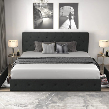 Allewie Upholstered Queen Size Platform Bed Frame with 4 Storage Drawers and Headboard, Square Stitched Button Tufted, Mattress Foundation with Wooden Slats Support, No Box Spring Needed, Light Grey